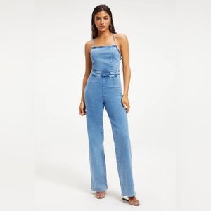 NWT Good American Medium Blue Wash Straight Leg Tie In Back Jumpsuit